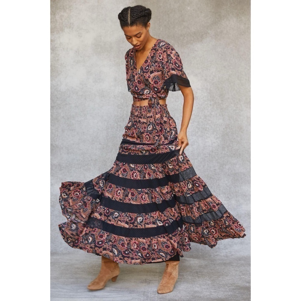 Anthropologie Set Floral Skirt Crop Top Maxi Skirt